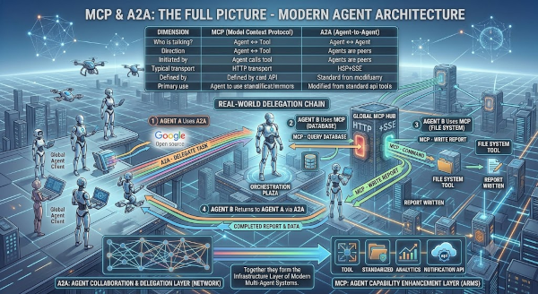 MCP + A2A combined — A2A connects agents as peers, MCP connects each agent to its tools