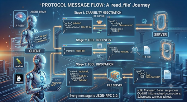 MCP Protocol Sequence — initialize handshake, tools/list discovery, tools/call invocation