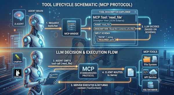 MCP Tool Flow — the LLM reasons over the JSON Schema; the client routes the call; the server runs the function