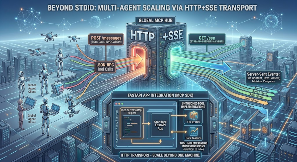 MCP Transports — stdio (local subprocess) vs. HTTP+SSE (remote shared service)